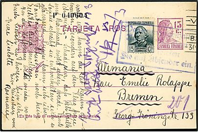 15 cts. helsagsbrevkort opfrankeret med 15 cts. fra Barcelona d. 16.3.1936 til Bremen, Tyskland. Ubekendt med tysk rammestempel. 