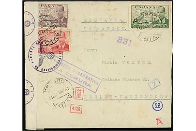 25 cts. (defekt), 50 cts. og 2 pts. Luftpost på luftpostbrev fra Coruna d. 19.6.1942 til Berlin, Tyskland. Spansk censur fra Curona og åbnet af tysk censur.