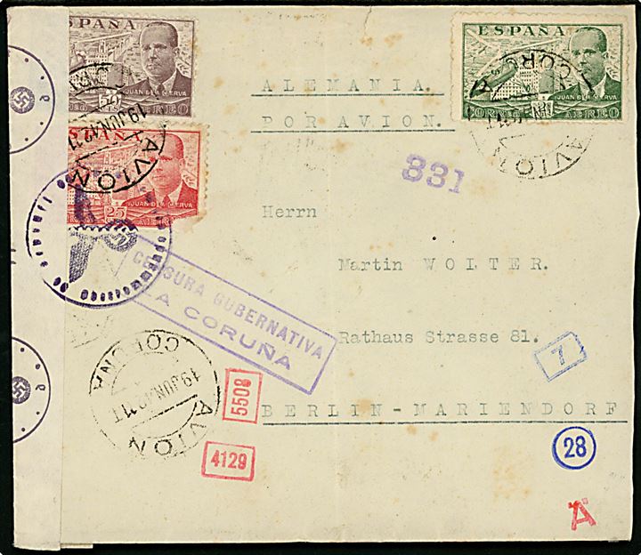 25 cts. (defekt), 50 cts. og 2 pts. Luftpost på luftpostbrev fra Coruna d. 19.6.1942 til Berlin, Tyskland. Spansk censur fra Curona og åbnet af tysk censur.