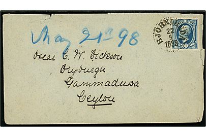 20 öre Oscar II single på brev fra Björnlunda d. 22.5.1898 via Trelleborg-Sassnitz og Colombo d. 12.7.1898 til Gammadua, Ceylon. Ank.stemplet d. 13.6.1898. God destination.
