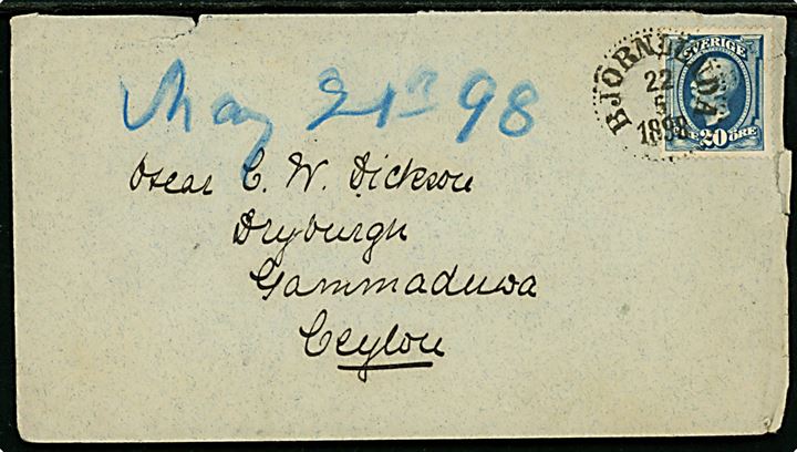 20 öre Oscar II single på brev fra Björnlunda d. 22.5.1898 via Trelleborg-Sassnitz og Colombo d. 12.7.1898 til Gammadua, Ceylon. Ank.stemplet d. 13.6.1898. God destination.