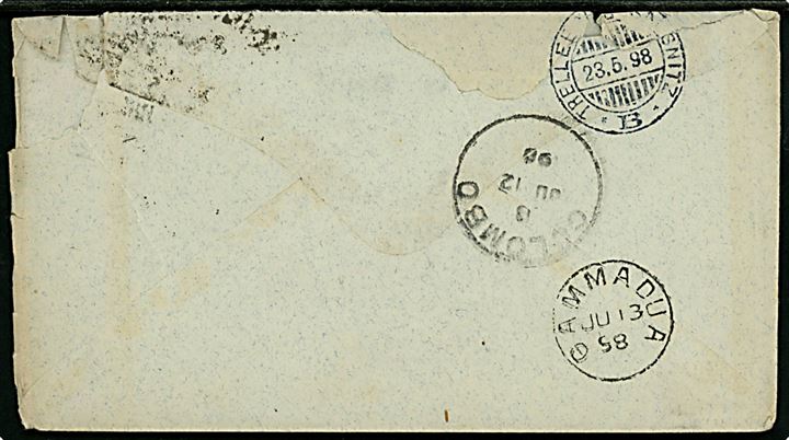 20 öre Oscar II single på brev fra Björnlunda d. 22.5.1898 via Trelleborg-Sassnitz og Colombo d. 12.7.1898 til Gammadua, Ceylon. Ank.stemplet d. 13.6.1898. God destination.