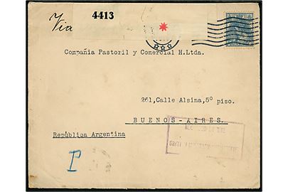 12½ c. Vilhelmine single på brev mærket Via Amsterdam fra Rotterdam d. 12.1.1916 til Buenos Aires, Argentina. Åbnet af britisk censur med censor-nr. 996 og 4413, samt påskrevet skibsnavn Zeelandia (dampskib fra Koninklijke Hollandsche Lloyd) og tilbageholdt i England til efterkrigen. Rammestempel Released by the British Military Authorities og rød Stjerne, samt ank.stempel fra Buenos Aires i Sept. 1919.