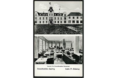 Sandvig, Strandhotellet ved Fr. Bidstrup. Facade og interiør fra koncertsal. Colberg no. 16E.