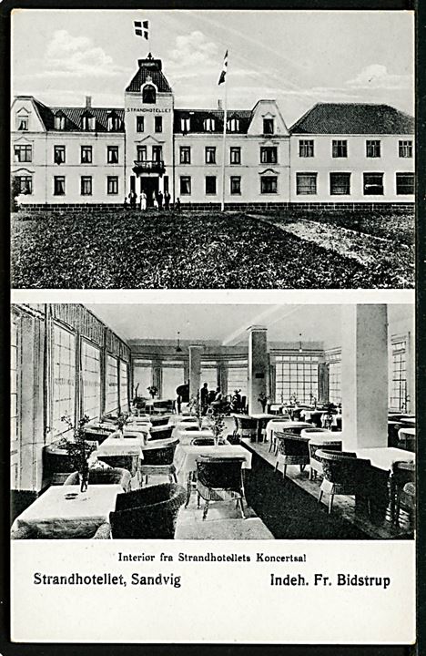 Sandvig, Strandhotellet ved Fr. Bidstrup. Facade og interiør fra koncertsal. Colberg no. 16E.