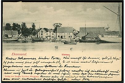 Ekensund (Egernsund), havneparti, T. Thordsen u/no. Frankeret med 5 pfg. Germania annulleret Ekensund (Kr. Sonderburg) d. 28.10.1903 til Schleswig.