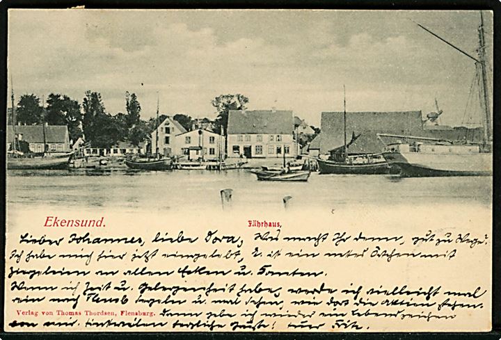 Ekensund (Egernsund), havneparti, T. Thordsen u/no. Frankeret med 5 pfg. Germania annulleret Ekensund (Kr. Sonderburg) d. 28.10.1903 til Schleswig.