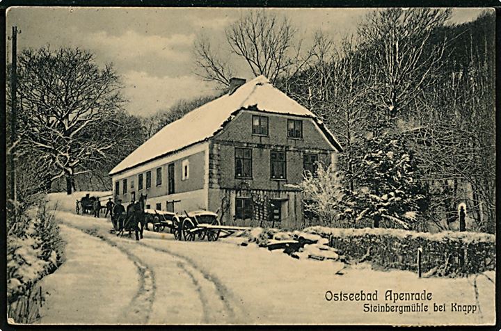 Aabenraa, Ostseebad Steinbergmühle bei Knapp i sne. O. Overbeck no. 27651, Frankeret ned 5 pfg. Germania og påsat defekt 2 pfg. Wehr-Schatz mærke fra Deutscher Verein für das nördliche Schleswig.