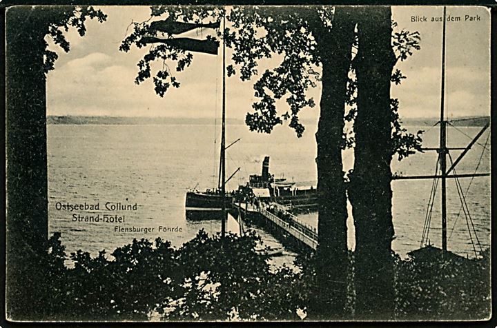 Kollund, Ostseebad og Strandhotel med dampskibsbro og dampskib. F. Asche u/no. Frankeret med 5 pfg. Germania annulleret Krusau d. 6.10.1909.