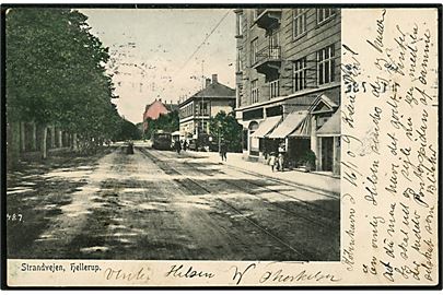 Hellerup, Strandvejen med sporvogn i baggrunden. O. E. Kull no. 2487. Sendt ufrankeret fra Kjøbenhavn d. 16.1.1909 til Helsingør. Udtakseret i 10 øre porto.