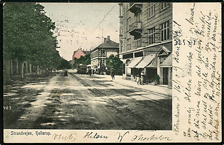 Hellerup, Strandvejen med sporvogn i baggrunden. O. E. Kull no. 2487. Sendt ufrankeret fra Kjøbenhavn d. 16.1.1909 til Helsingør. Udtakseret i 10 øre porto.