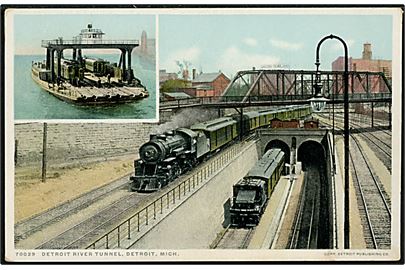USA, Detroit River Tunnel med damptog, samt indsat billede af jernbanefærge. 
