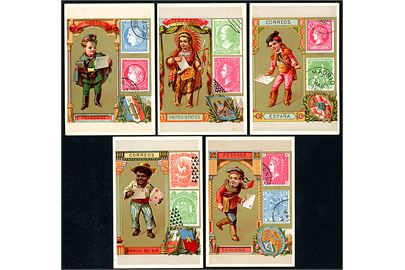 5 samlekort med børne-postbude og tidlige frimærker fra Spanien, England, Frankrig, USA og Sydamerika (Peru og Bolivia). Formodentlig af fransk oprindelse. 