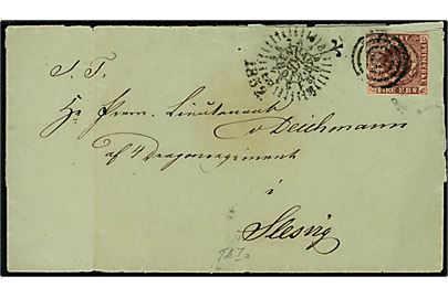 4 R.B.S. Thiele 1a med fuld rand på brev annulleret med stumt stempel og sidestemplet med kompasstempel Kiøbenhavn d. 9.10.1852 til Premierløjtnant v. Deichmann ved 4. Dragonregiment i Slesvig. Fold og skrøbeligt papir. 