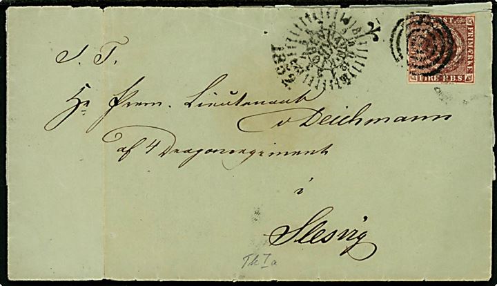 4 R.B.S. Thiele 1a med fuld rand på brev annulleret med stumt stempel og sidestemplet med kompasstempel Kiøbenhavn d. 9.10.1852 til Premierløjtnant v. Deichmann ved 4. Dragonregiment i Slesvig. Fold og skrøbeligt papir. 