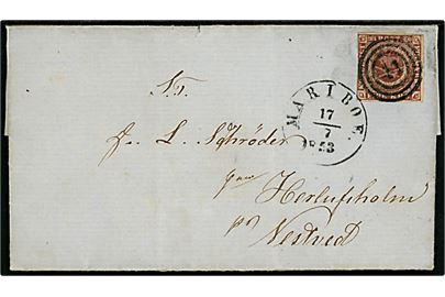 4 R.B.S. Thiele II på brev dateret Engestofte d. 15.7. annulleret med nr.stempel 41 og sidestemplet 1½-ringsstempel Mariboe. d. 17.7.1853 til Herlufsholm pr. Næstved.