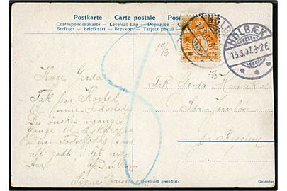 Ufrankeret brevkort fra Holbæk d. 15.3.1907 til Sdr. Jernløse pr. Regstrup. Postalt opfrankeret med 1 øre Bølgelinie annulleret Holbæk d. 17.3.1907 og udtakseret i 8 øre porto. 