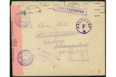 Ufrankeret finsk feltpostbrev mærket Kenttäpostia og Fältpost F stemplet Kenttäposti Konttori d. 7.7.1942 til København, Danmark - eftersendt til Fuglebjerg. Sendt fra dansk frivillig legionær Hansen ved KpK 1/3864 (= Dansk Finlands Legion). Åbnet af både finsk og dansk censur og violet stempel Kassebrev Københavns Omkarteringspostkontor, 