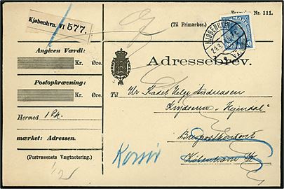20 øre Chr. X single på adressebrev for pakke fra Kjøbenhavn VI d. 24.8.1914 til kadet ombord på krydseren Heimdal via Brevpostkontoret i København - eftersendt til skibets station i Korsør.