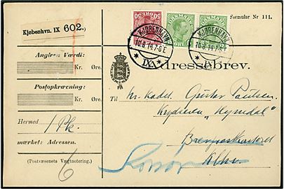 5 øre (par) og 50 øre Chr. X på adressebrev for pakke fra Kjøbenhavn IX d. 10.8.1914 til kadet ombord på krydseren Heimdal via Brevpostkontoret i København - eftersendt til skibets station i Korsør.