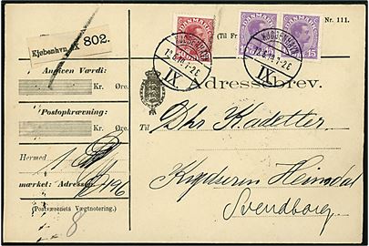 15 øre (par) og 50 øre Chr. X på adressebrev for pakke fra Kjøbenhavn IX d. 12.6.1914 til Kadetterne ombord på krydseren Heimdal i Svendborg.