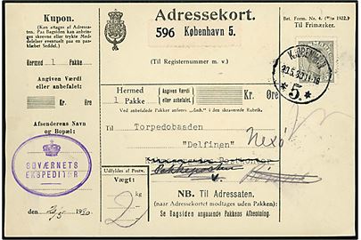 50 øre Chr. X single på adressekort for pakke fra Søværnets Ekspeditør annulleret Kjøbenhavn *5.* d. 20.5.1930 til Torpedobåden Delfinen via Købmagergades Postkontor i København - eftersendt til skibets station via Pakkepostkontoret, Rønne og sidst Neksø på Bornholm. 