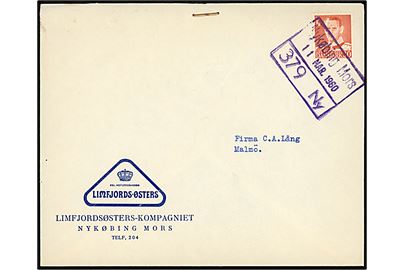 30 øre Fr. IX på Limfjordsøsters-Kompagniet firmakuvert annulleret med DSB rammestempel Nykøbing Mors / 379 Ny d. 11.3.1960 til Malmö, Sverige.