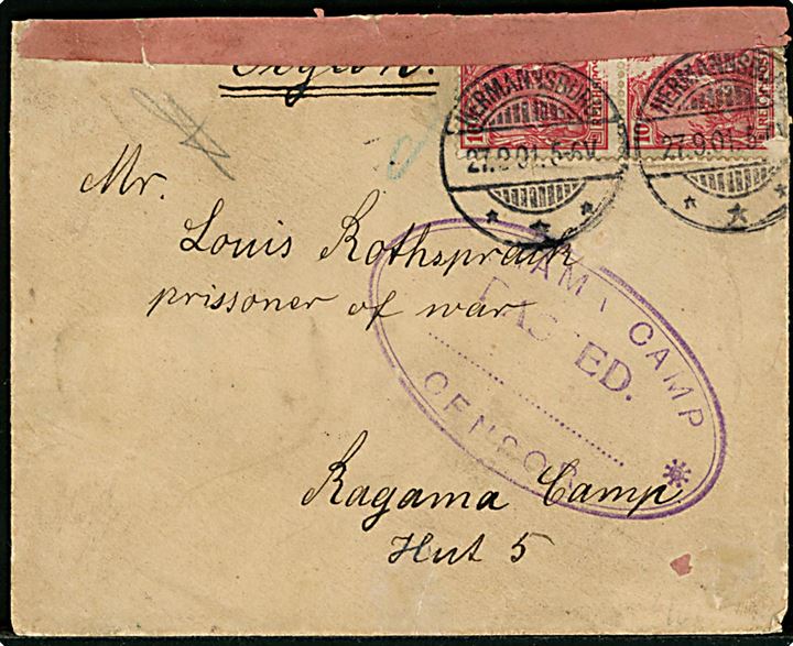 10 pfg. Germania i parstykke på brev fra Hermannsburg d. 27.9.1901 via Colombo d. 13.10.1901 til boer krigsfange Louis Rothspranck i Ragama Camp, Ceylon. Censureret med rød banderole og ovalt stempel: Ragama Camp Passed Censor. Begge mærker med skrammer.