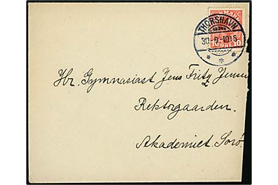 10 øre Chr. X på brev annulleret med brotype Ig Thorshavn d. 30.9.1916 til Sorø, Danmark. Skævt skåret i højre side.