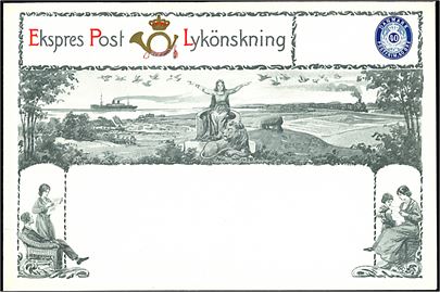 40 øre Ekspres Post Lykönskning helsagskuvert (16x24cm) med landskabsmotiv tegnet af Fritz Kraul og udgivet af Kunstforlaget Norden. 40 øre frankering var eksprestillæg. Ubrugt.