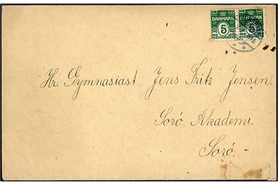 5 øre Bølgelinie i parstykke på brev annulleret brotype Ig Thorshavn d. 3.2.1915 til Sorø, Danmark. Ank.stemplet i Sorø d. 17.2.1915. 