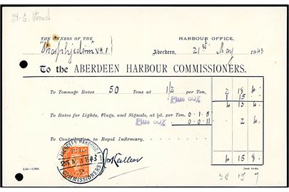 2d George VI annulleret Aberdeen Harbour Commissioners d. 25.5.1943 på kvittering for levering til den færøske kutter  Skarptijedinn (ex James Spurgeon) fra Sørvaag. To arkivhuller.