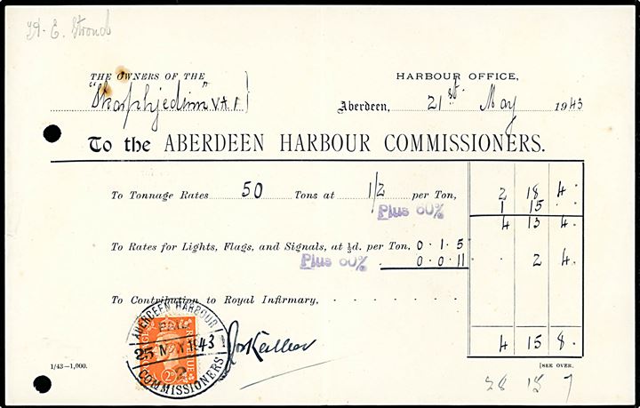 2d George VI annulleret Aberdeen Harbour Commissioners d. 25.5.1943 på kvittering for levering til den færøske kutter  Skarptijedinn (ex James Spurgeon) fra Sørvaag. To arkivhuller.