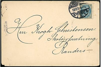 4 øre Tofarvet omv. rm. på tryksagskort med rejse-advis fra Kjøbenhavn d. 18.11.1901 til Randers.