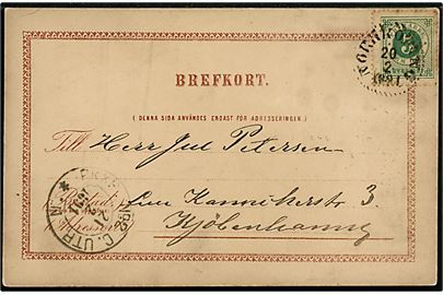 5 öre Ringtype på brevkort fra Norrköping d. 20.2.1891 til København, Danmark.
