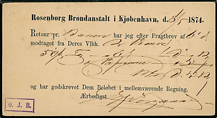 4 sk. helsagsbrevkort fra Rosenborg Brøndanstalt annulleret Kjøbenhavn d. 8.5.1874 til Køge.