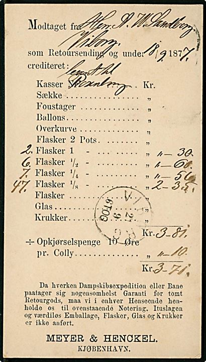 4 øre Tofarvet på tryksagskort fra København d. 18.9.1877 til Viborg. Ank.stemplet lapidar Viborg d. 21.9.1877.