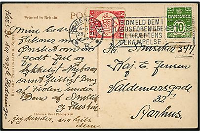 10 øre Bølgelinie og 1. RSF Byggefond mærkat på brevkort fra København d. 23.12.1928 til Aarhus.