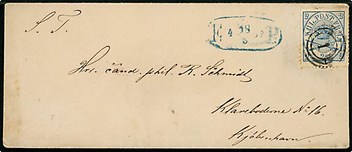 2 sk. Krone/Scepter på lokalt fodpostbrev i København annulleret med nr.stempel 1 og sidestemplet F: P: d. 18.3.1867.