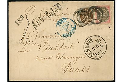 16 øre og 20 øre Tofarvet på anbefalet brev annulleret med stumt 2-ringsstempel og sidestemplet lapidar Kjøbenhavn d. 13.121.1878 til Paris, Frankrig. Fold gennem mærker.