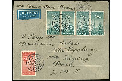 15 øre og 20 øre (4) Luftpost på 95 øre frankeret luftpostbrev mærket via Amsterdam - Penang fra Rude d. 11.4.1939 via Skælskør, Berlin Zentralflughafen til Ulu Sapetang, Perak, Malaya. Folder.