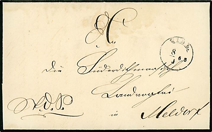 1853. Ufrankeret tjenestebrev mærket K.d.S. fra Schleswig-Holsteinische Regierung med laksegl og 1½-ringsstempel Kiel. d. 8.9.1953 til Meldorf.