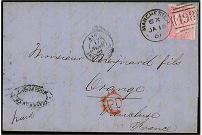 4d Victoria på brev annulleret med duplex Manchester/498 d. 15.1.1861 til Orange, Frankrig.