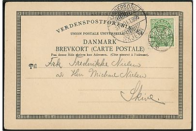 5 øre Våben på brevkort (Hilsen fra Himmelbjerget) annulleret med stjernestempel SVEJBÆK og sidestemplet Skanderborg - Skjern T.996 d. 31.8.1904 til Skive.