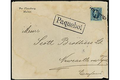 20 öre Oscar II på brev fra Malmö annulleret med skibsstempel Fra Sverige M. og sidestemplet Paquebot og på bagsiden Kjøbenhavn d. 4.1.1911 til Newcastle on Tyne, England.