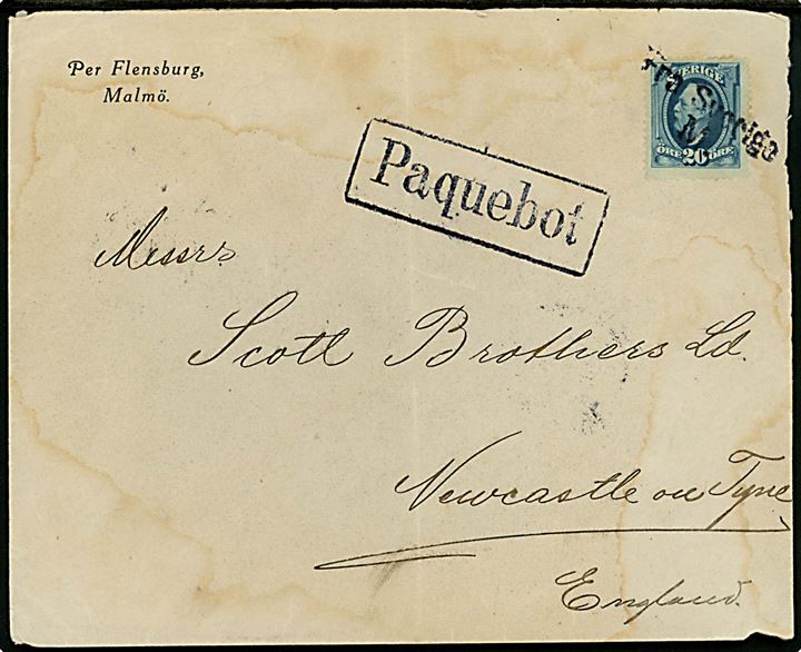 20 öre Oscar II på brev fra Malmö annulleret med skibsstempel Fra Sverige M. og sidestemplet Paquebot og på bagsiden Kjøbenhavn d. 4.1.1911 til Newcastle on Tyne, England.