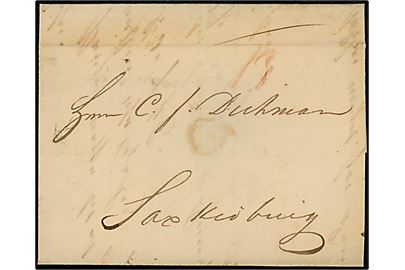 1845. Portobrev med indhold og antiqua Kiøbenhavn d. 17.10.1845 til Saxkjøbing. Påskrevet 13 sk. porto.