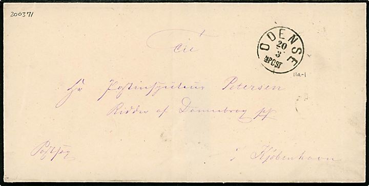 1871. Ufrankeret Postsag med lapidar Odense d. 20.3.1871 til Hr. Postinspektør Petersen, Ridder af Dannebrog p.p., i Kjøbenhavn. Laksegl fjernet. 