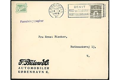 8 øre Bølgelinie med perfin F B på illustreret firmakuvert fra Buick forhandler F. Bülow & Co. sendt som lokal forretningspapirer i København d. 14.10.1929.