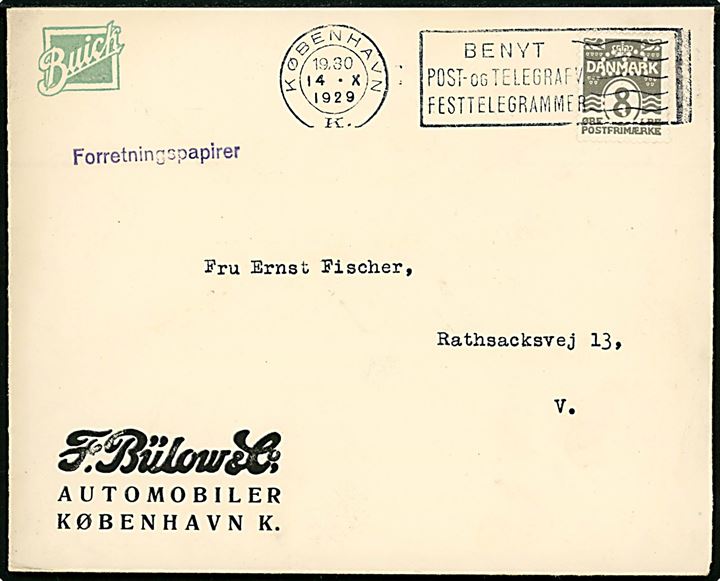 8 øre Bølgelinie med perfin F B på illustreret firmakuvert fra Buick forhandler F. Bülow & Co. sendt som lokal forretningspapirer i København d. 14.10.1929.